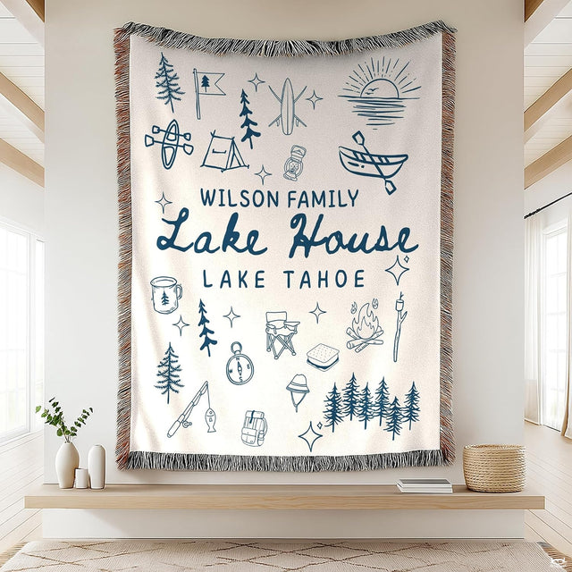 Lake house design with navy camping doodles, canoe, campfire, and pine trees, view 1.