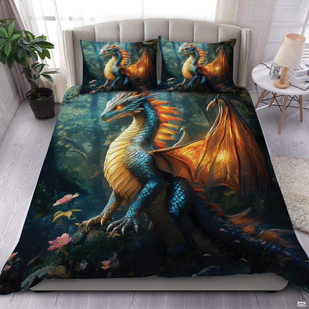Fantasy teal dragon bedding in a bright bedroom