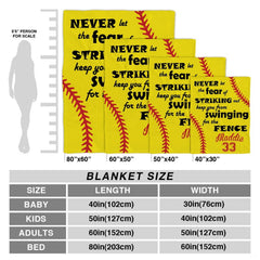 Size guide display showing multiple dimension choices for the inspirational softball throw blanket