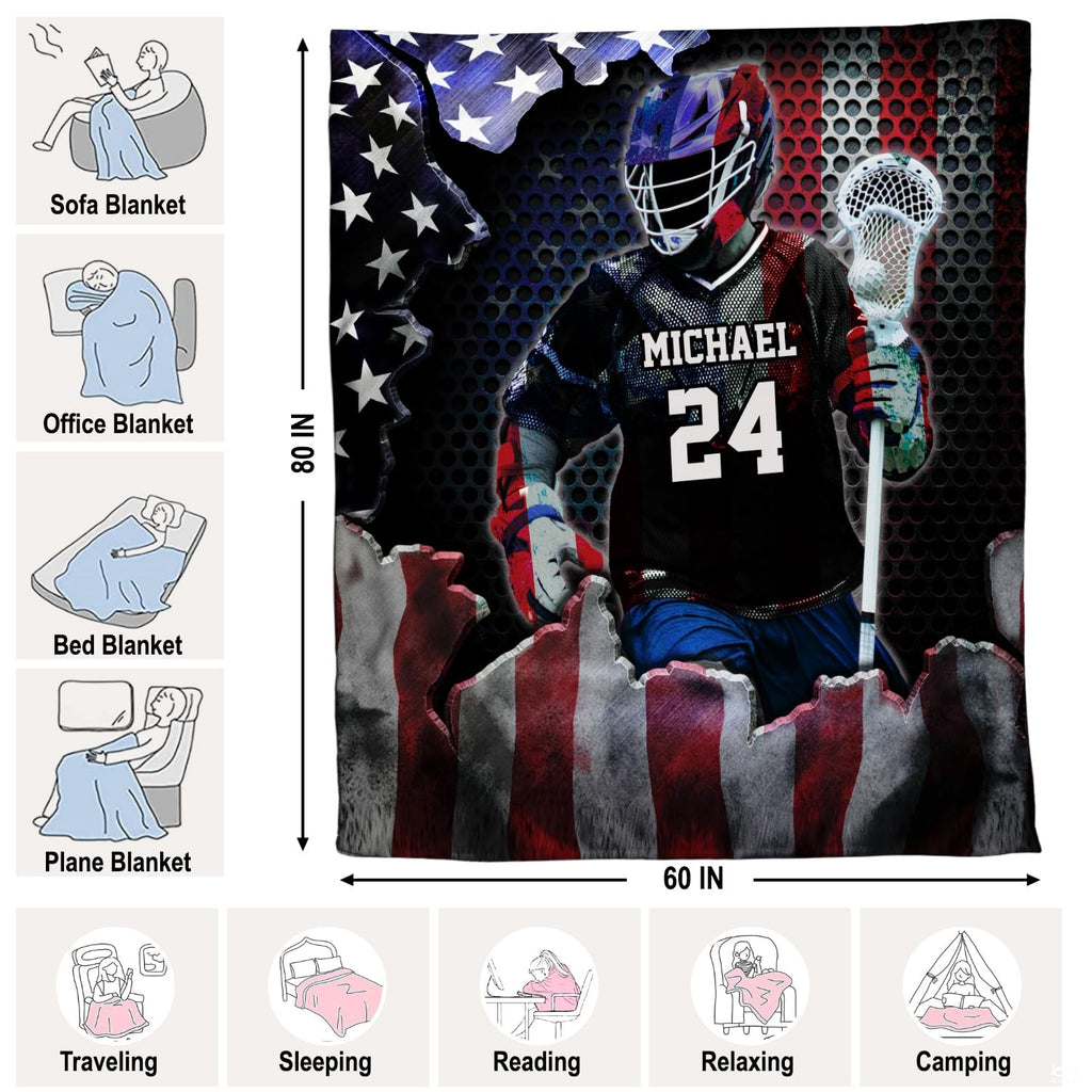 Lifestyle bedroom view showing patriotic lacrosse sports throw blanket styled over a chair.