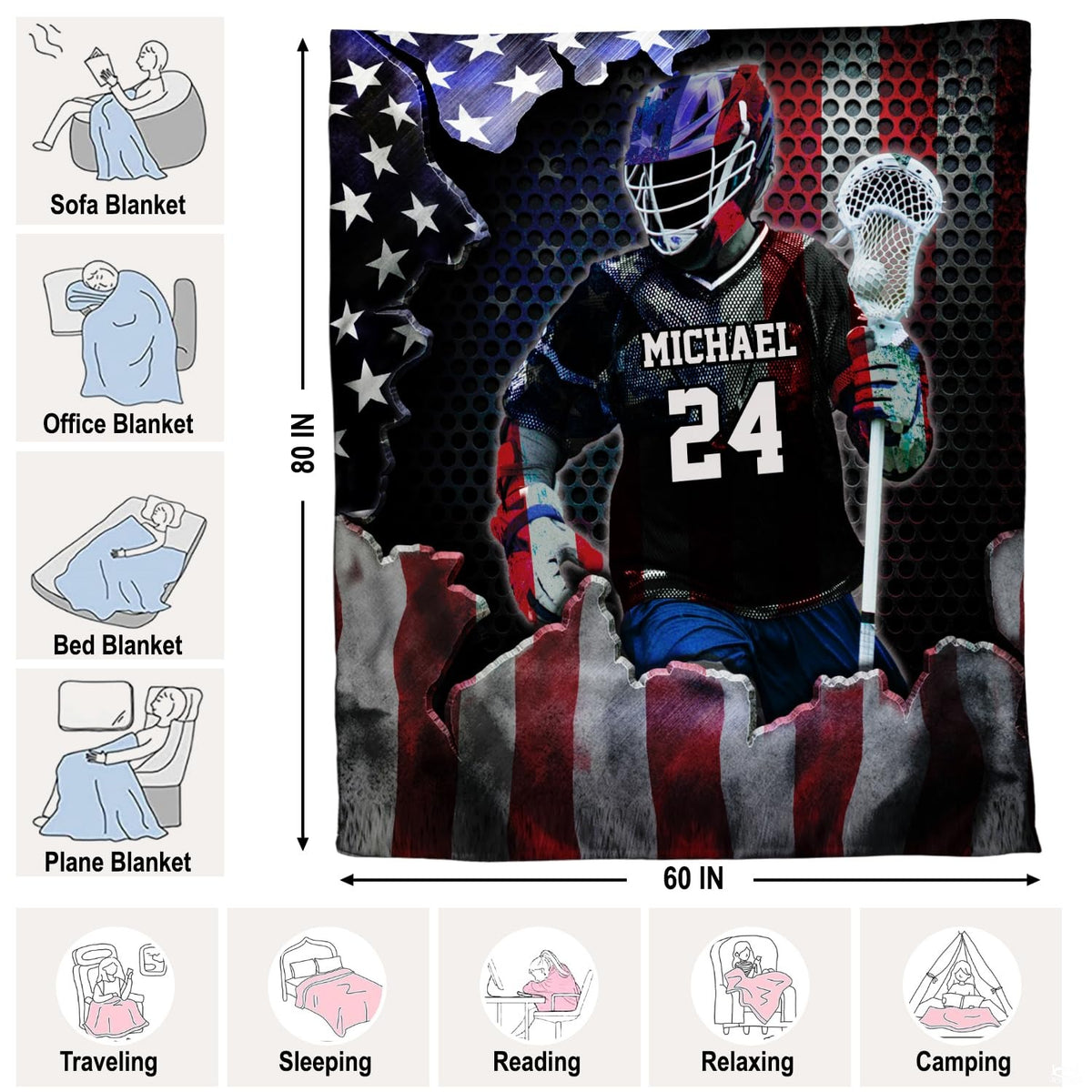 Lifestyle bedroom view showing patriotic lacrosse sports throw blanket styled over a chair.