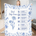 Full view of blue chinoiserie floral border design with central carnation line art and affirmation text boxes.