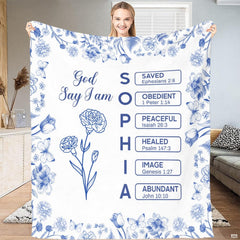 Full view of blue chinoiserie floral border design with central carnation line art and affirmation text boxes.