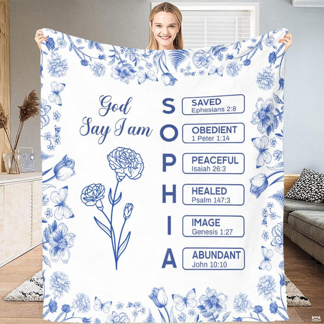 Full view of blue chinoiserie floral border design with central carnation line art and affirmation text boxes.