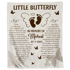 Winged infant footprints memorial butterfly blanket flat product display.