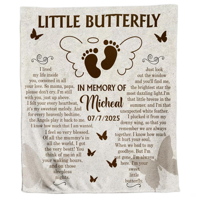 Winged infant footprints memorial butterfly blanket flat product display.