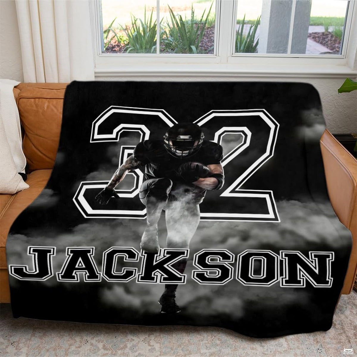 Contemporary monochrome football artwork integrated into a stylish sports bedroom aesthetic.