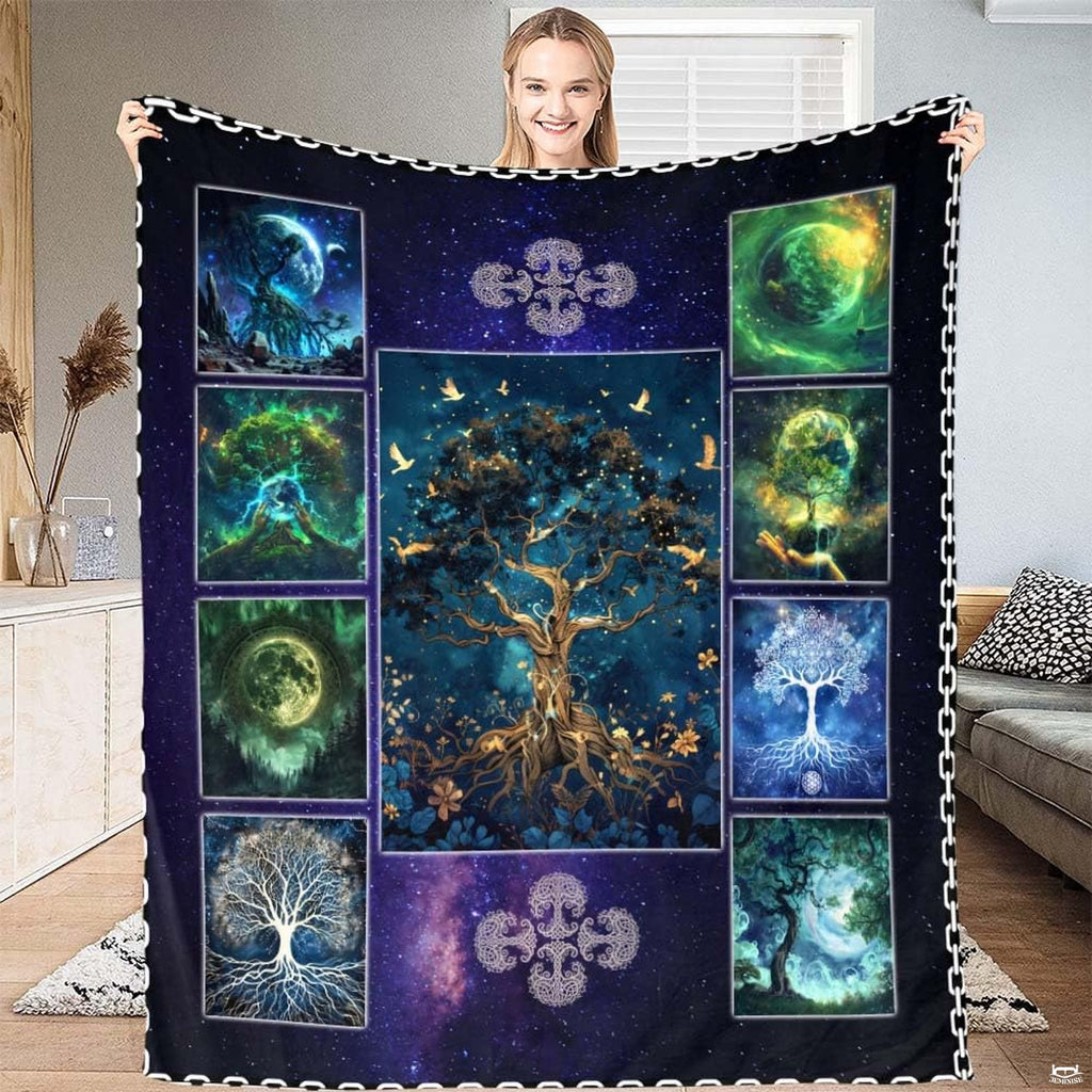 Celestial Tree of Life collage throw blanket displaying golden central tree and eight planetary panels