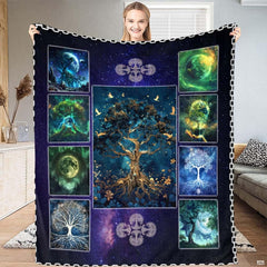 Celestial Tree of Life collage throw blanket displaying golden central tree and eight planetary panels