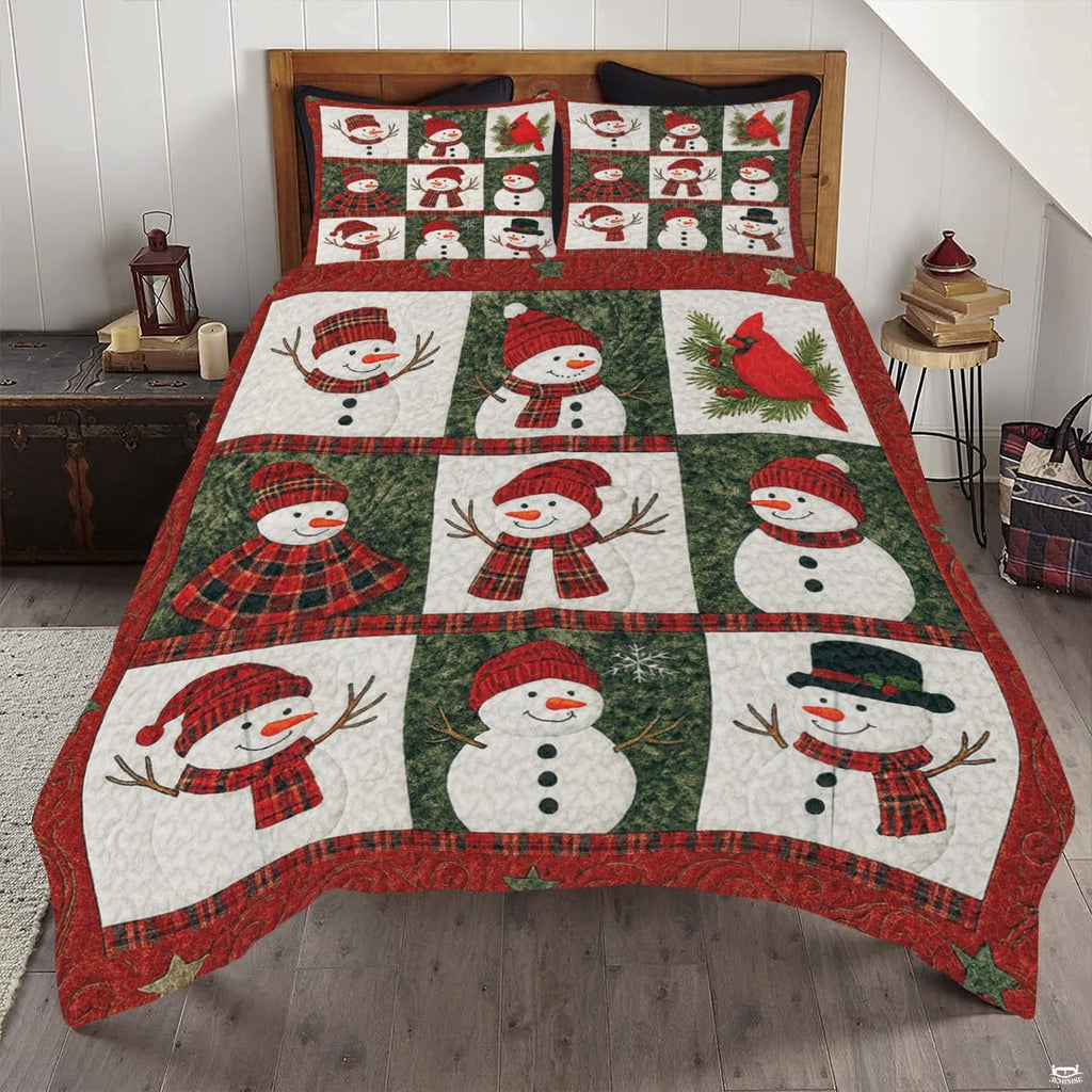 Cardinal red and snow ivory snowman bedding set featuring playful winter snowman illustrations and snowflakes.