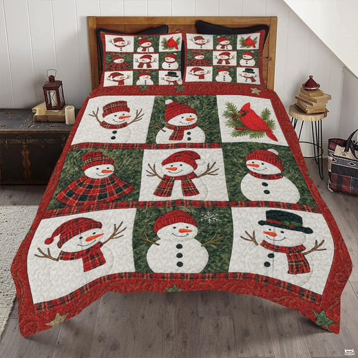 Cardinal red and snow ivory snowman bedding set featuring playful winter snowman illustrations and snowflakes.