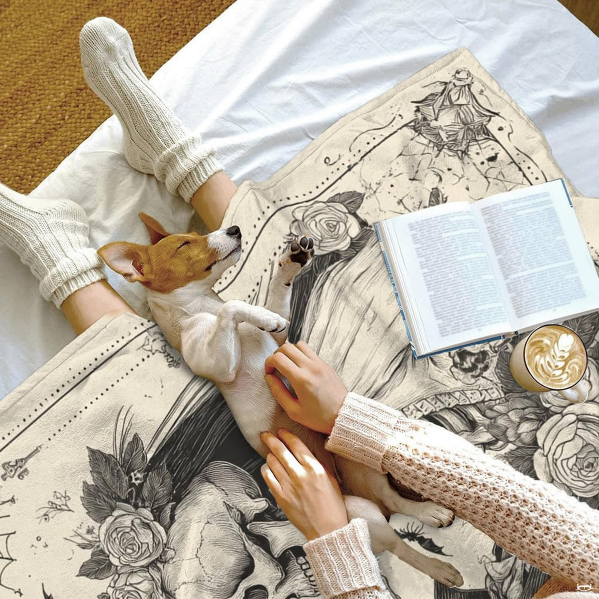Vintage macabre bride and groom etching layered with lavender colored bedding tones.