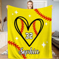 Front view of softball heart throw blanket displaying black heart outline, red seams, and yellow field.