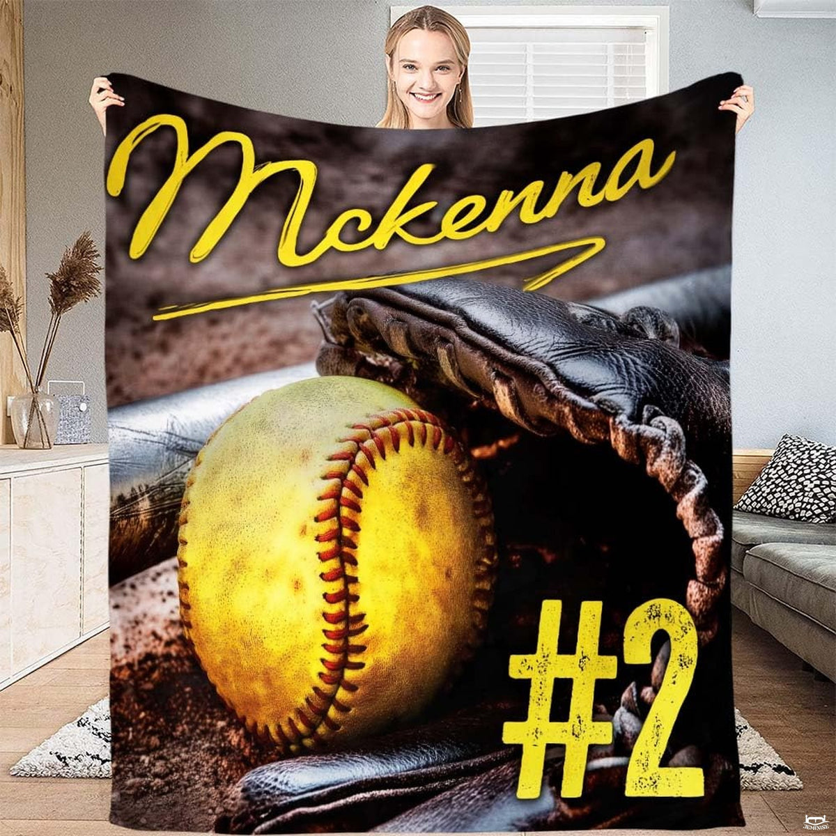 Softball bat and glove graphic blanket unfolded flat view