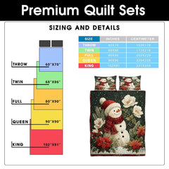 Festive snowman bedding set displaying cream magnolias, red poinsettias, and pine accents.