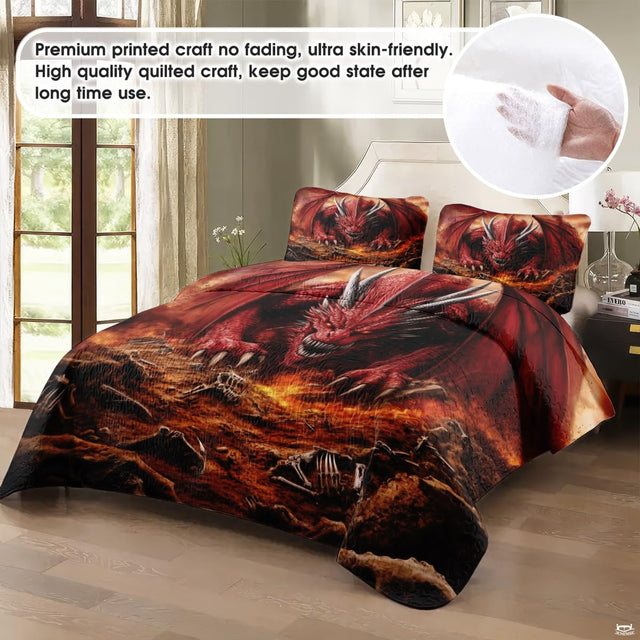 Red dragon fantasy artwork displayed across a bed in a bright room