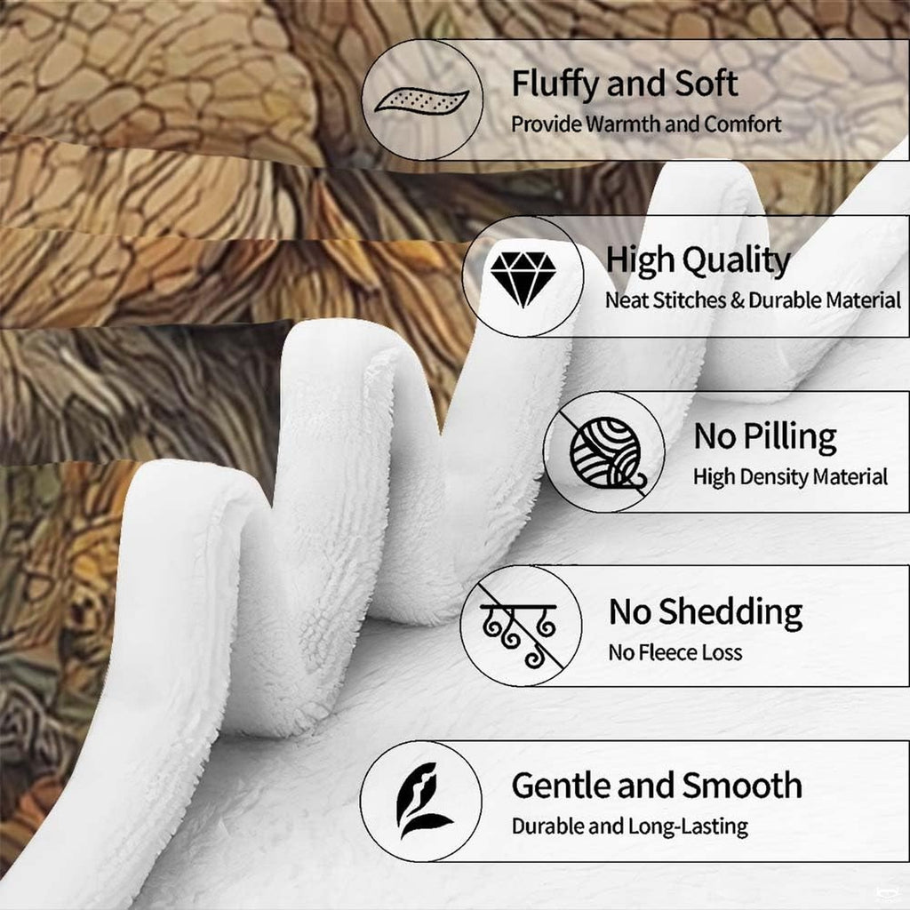 Bigfoot forest spirit throw blanket view 7 highlighting Sasquatch facial artwork and autumn woodland foliage