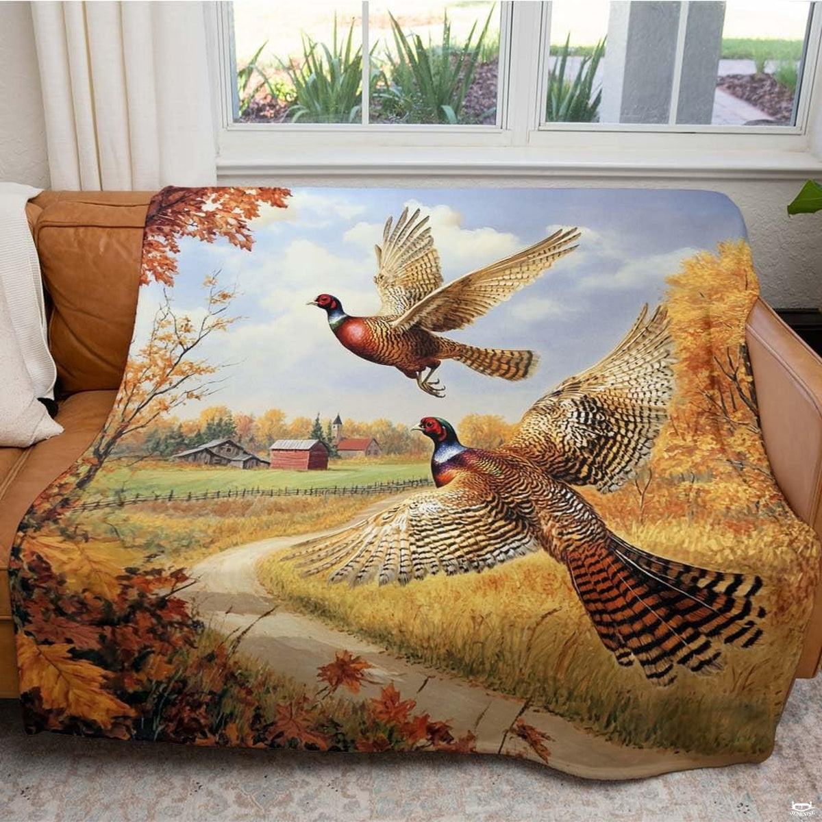 Scenic oil painting of two flying ringneck pheasants over autumn country lane and distant farm, view 2.