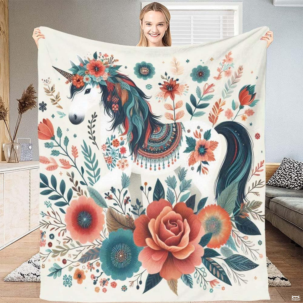 Bohemian floral unicorn folk throw blanket showing white unicorn in coral flower garden