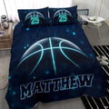 Turquoise bedding set showcasing glowing neon cyan basketball geometry across midnight dark backgrounds.