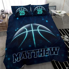 Turquoise bedding set showcasing glowing neon cyan basketball geometry across midnight dark backgrounds.