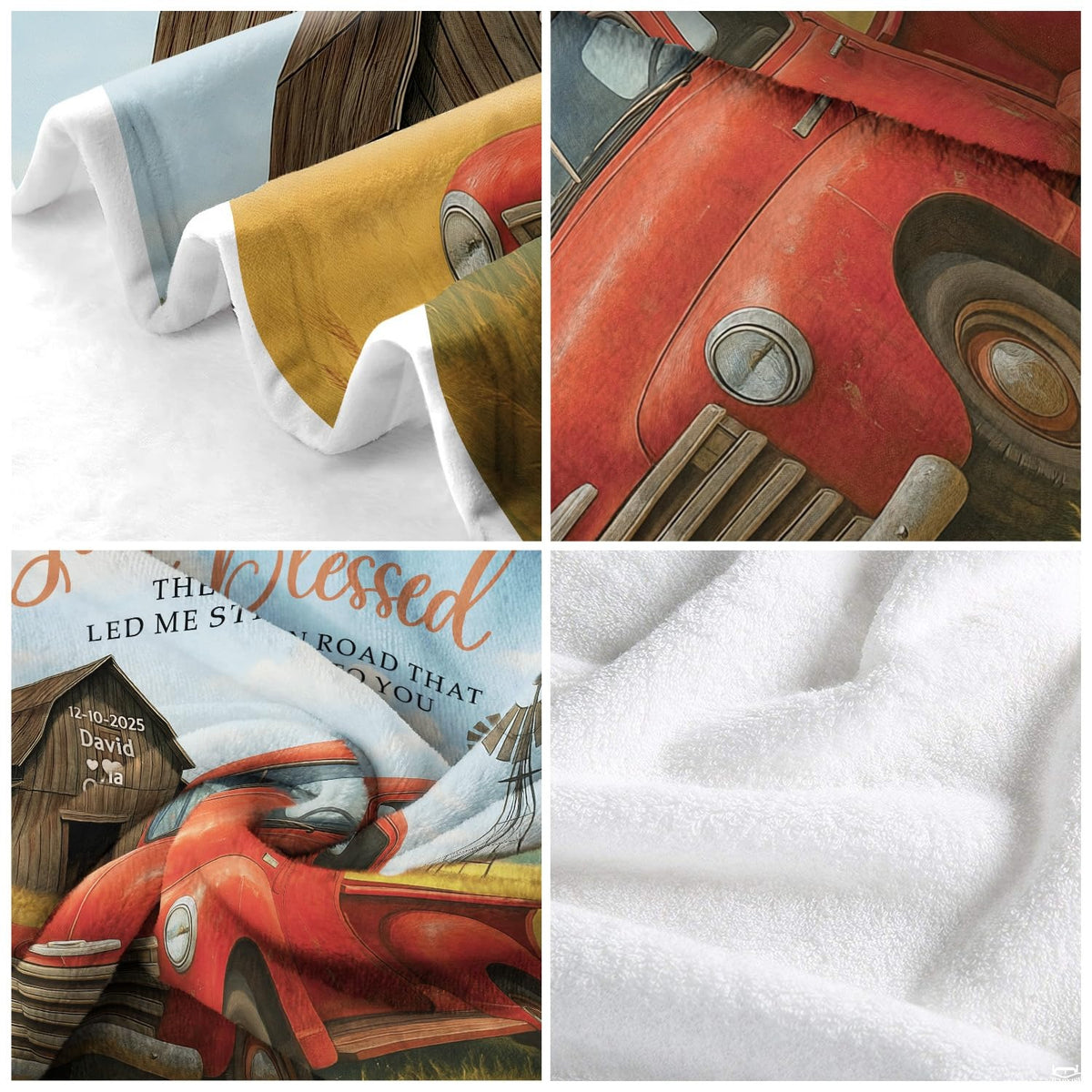 Vintage red pickup truck in golden wheat field with rustic barn and windmill, view 5.