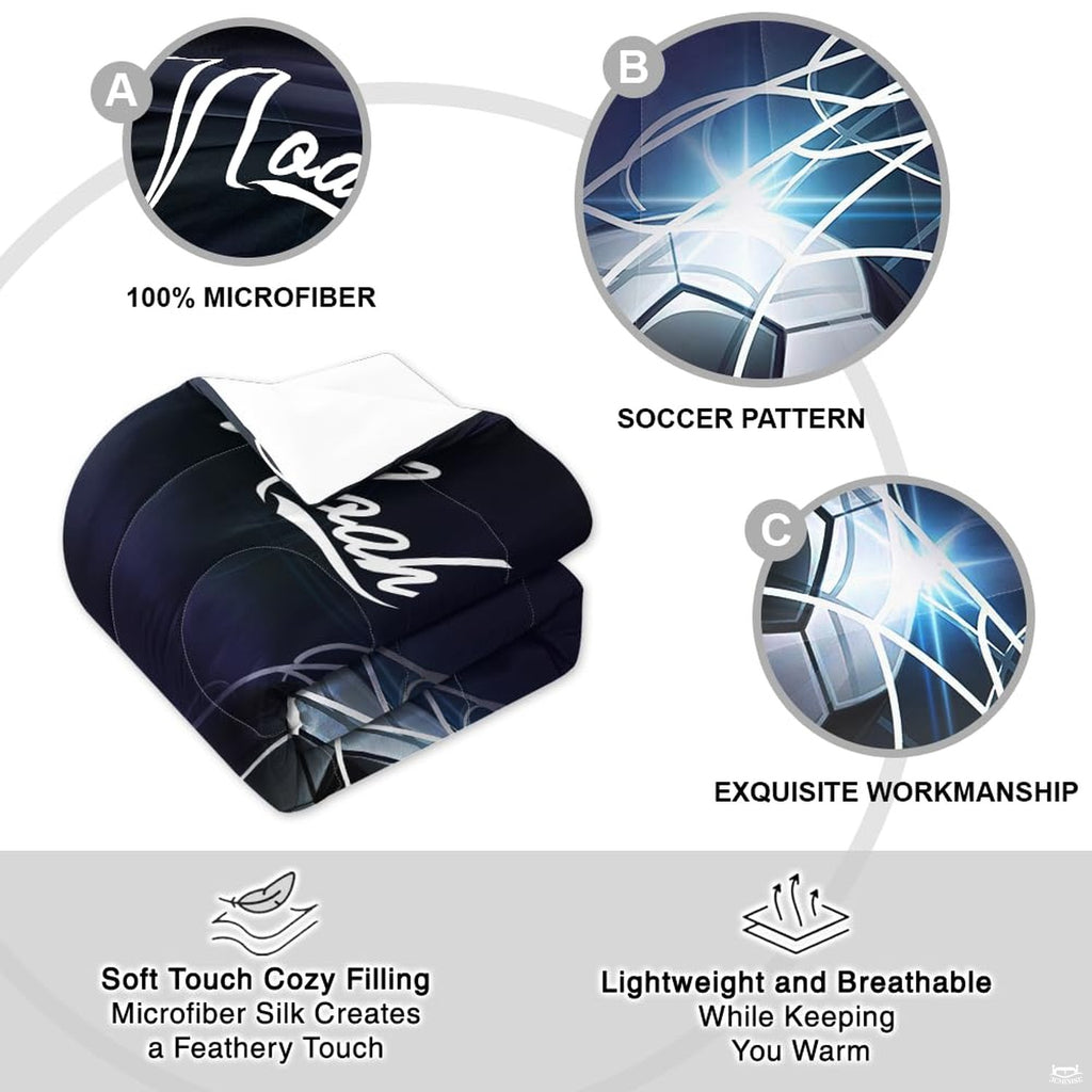 Overhead view of midnight glow soccer bedding spread across a contemporary youth bedroom bed