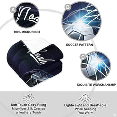 Overhead view of midnight glow soccer bedding spread across a contemporary youth bedroom bed