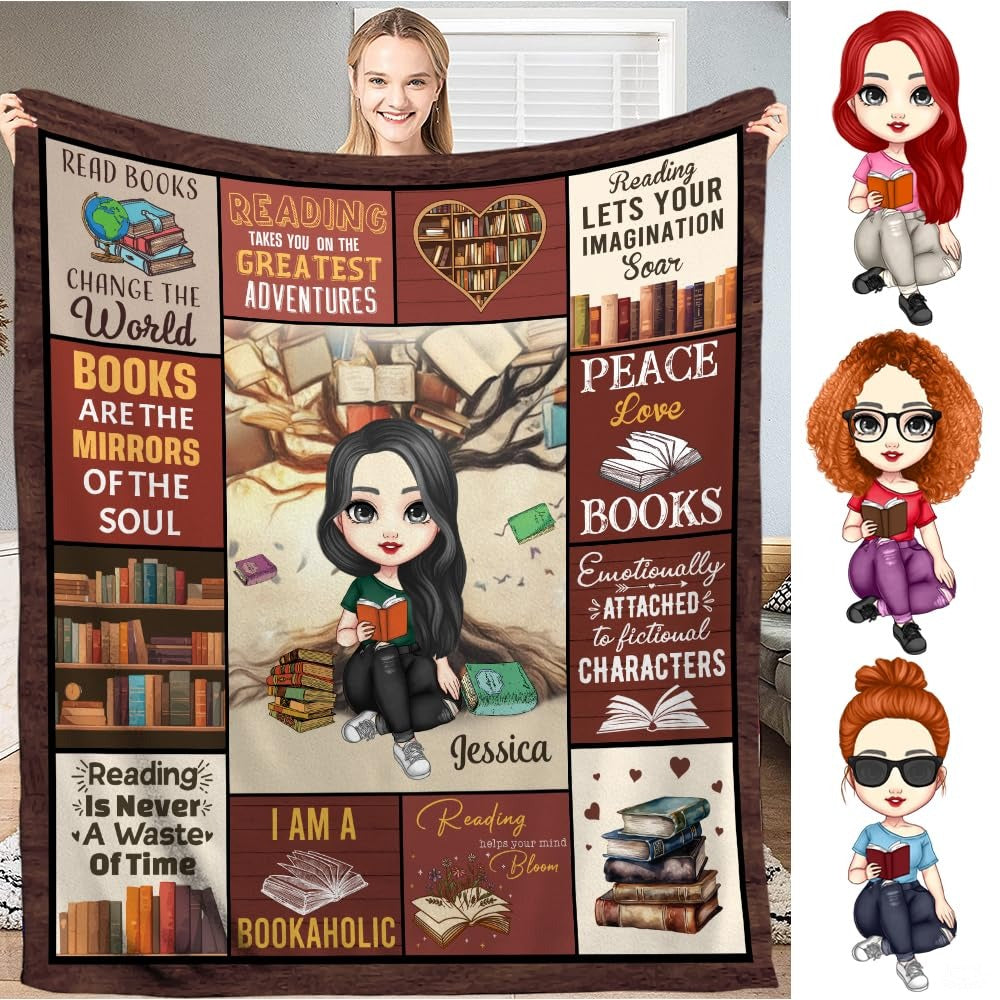 Personalized Black Hair Reading Girl with Bookshelf Throw Blanket