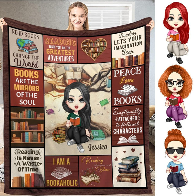 Personalized Black Hair Reading Girl with Bookshelf Throw Blanket