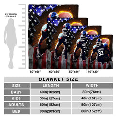 Patriotic football throw blanket view 6 highlighting runner bursting through American flag with blazing ball