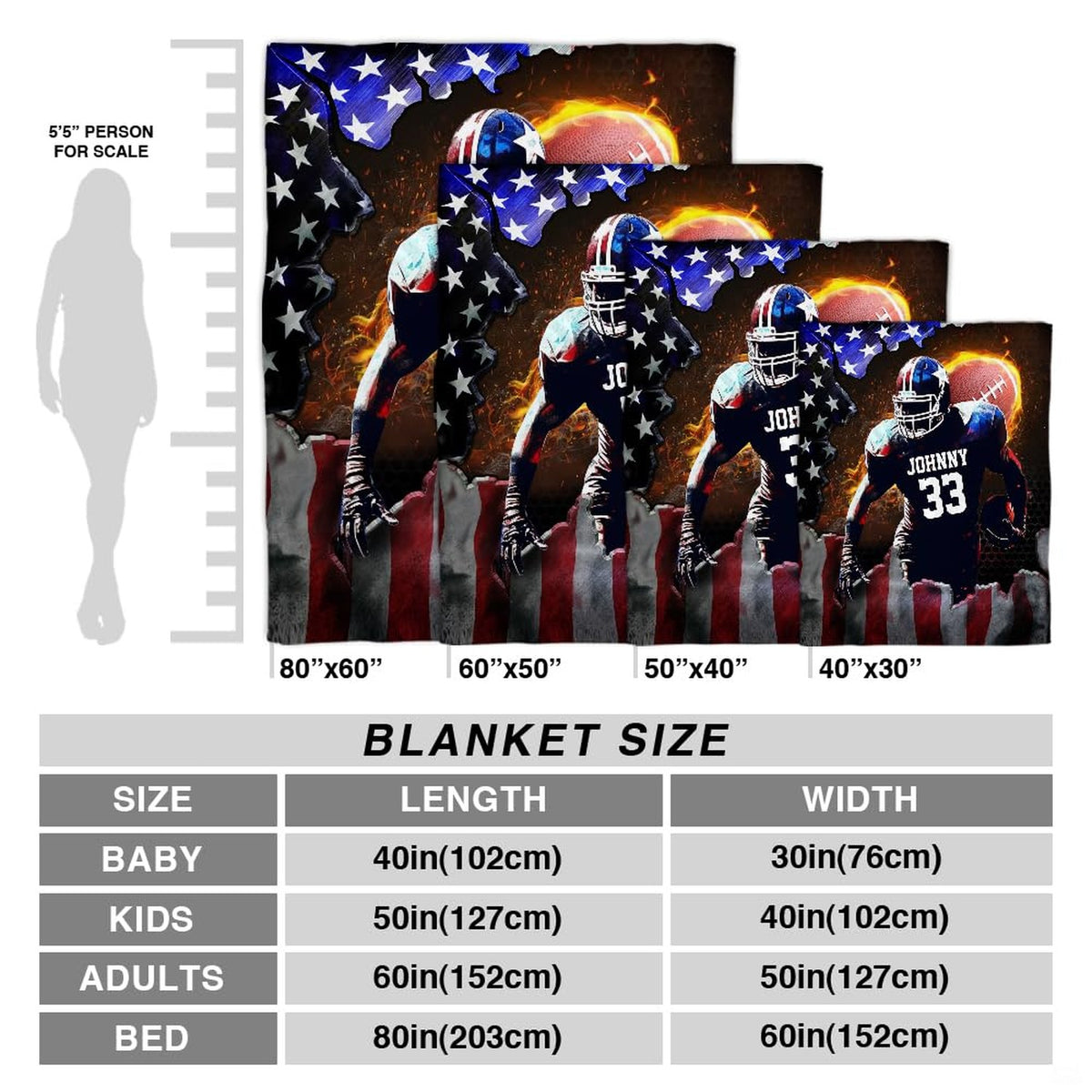Patriotic football throw blanket view 6 highlighting runner bursting through American flag with blazing ball