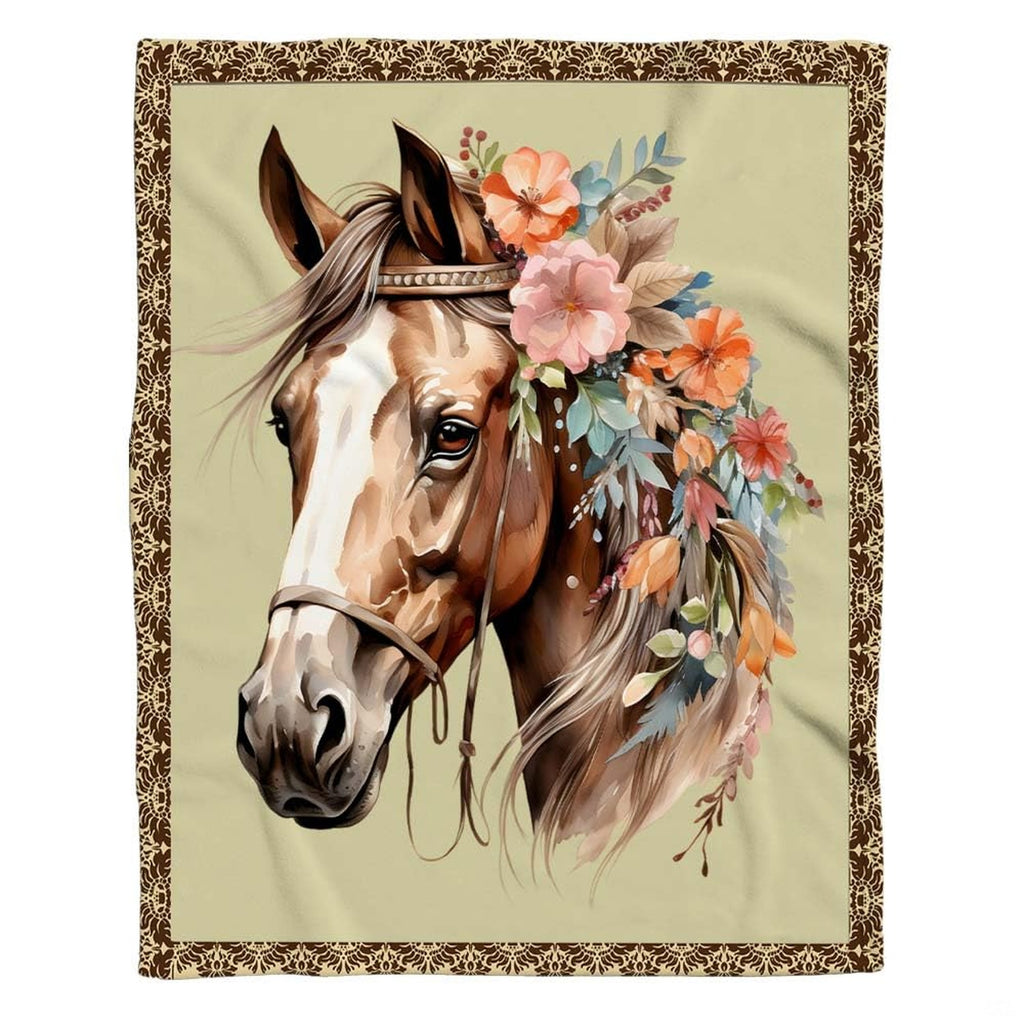 Close-up perspective of peach and pink floral garland woven into horse mane blanket