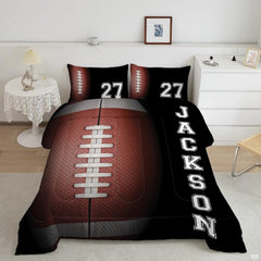 Split panel football bedding featuring a close-up crimson football graphic alongside a dark athletic panel