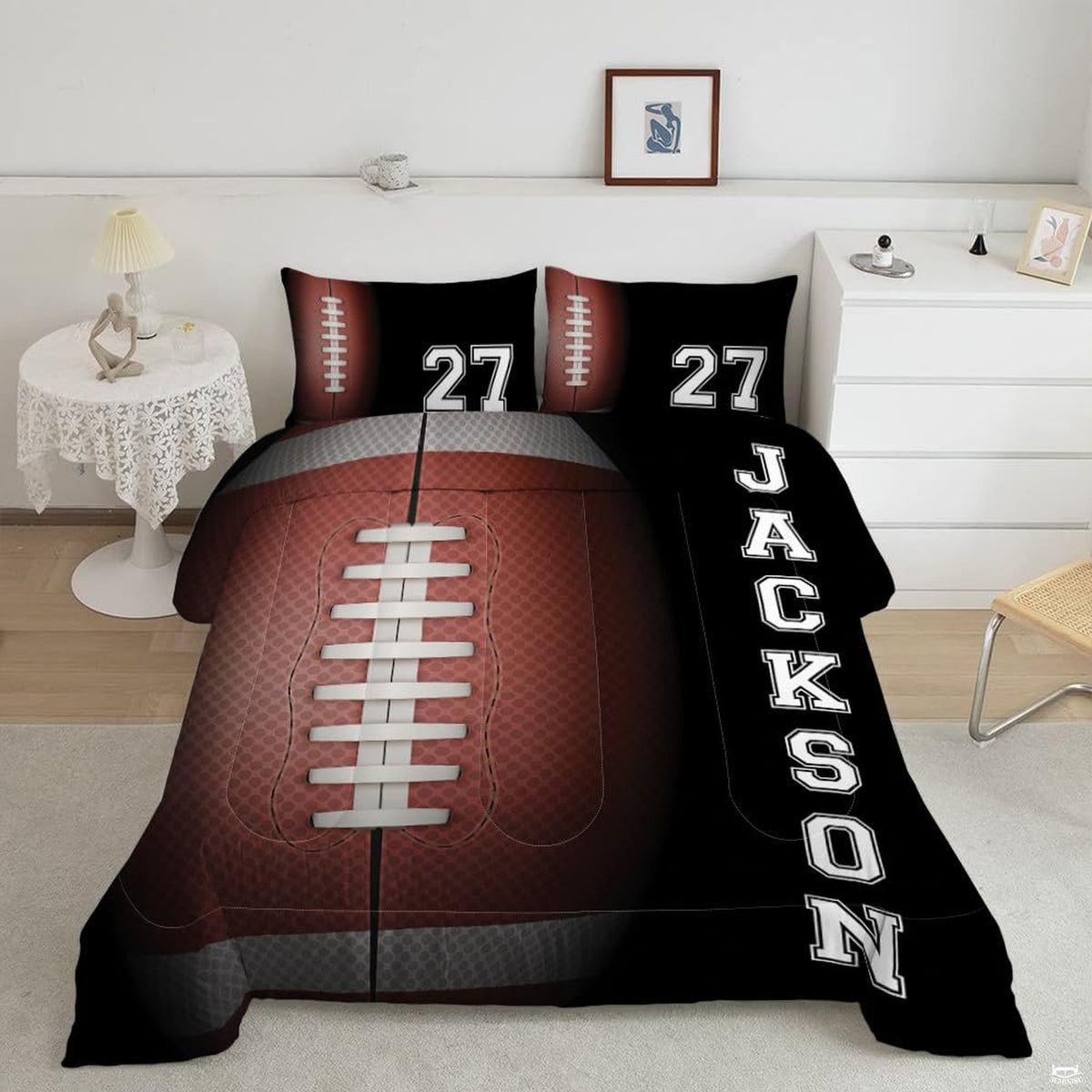 Split panel football bedding featuring a close-up crimson football graphic alongside a dark athletic panel