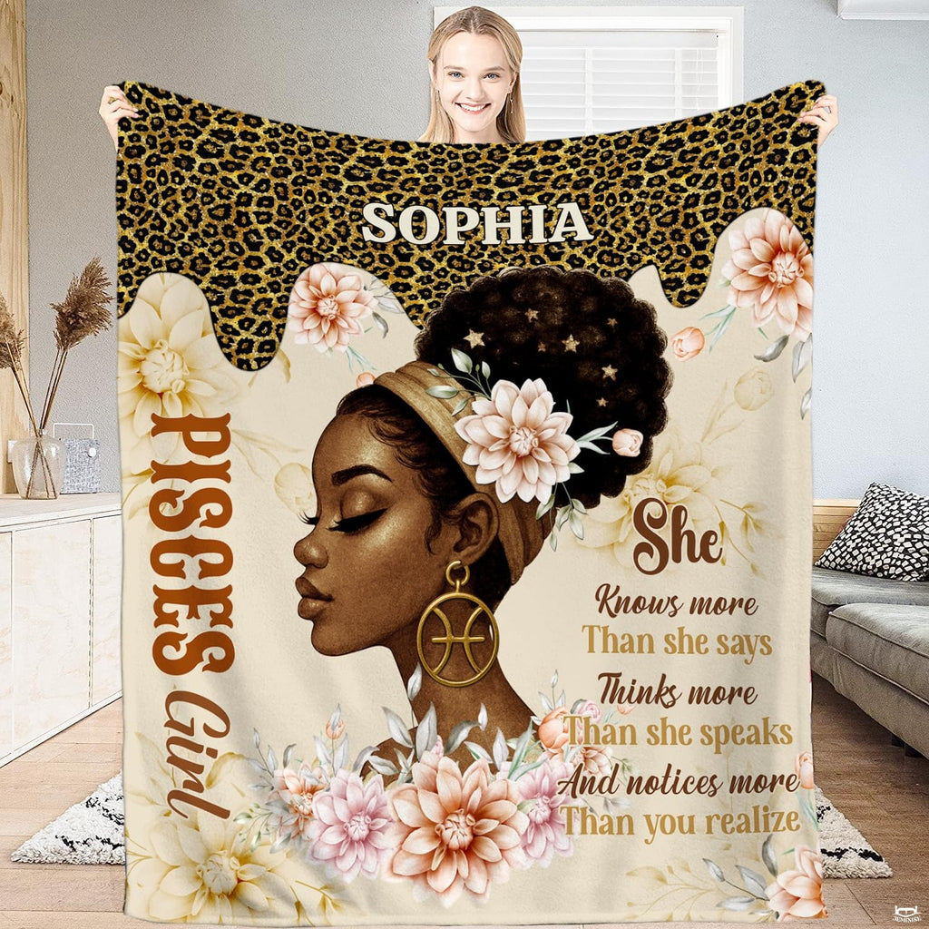 Zodiac horoscope blanket featuring an elegant woman portrait with floral blooms and astrological jewelry.