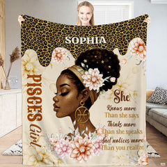 Zodiac horoscope blanket featuring an elegant woman portrait with floral blooms and astrological jewelry.