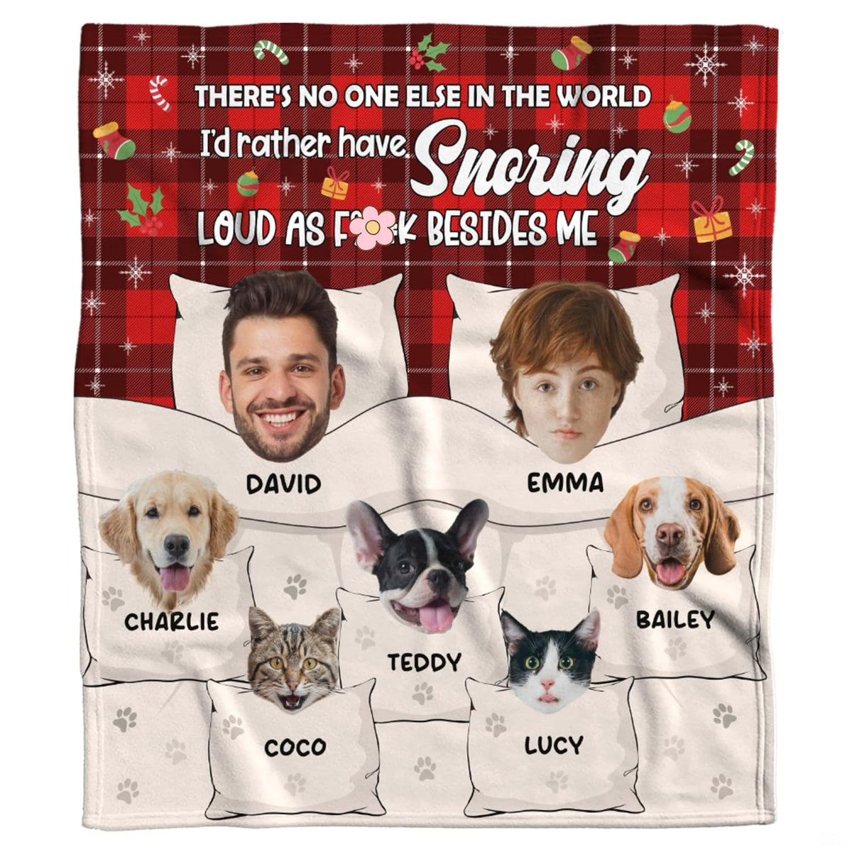 Christmas pet family throw blanket view 2 highlighting couple and pet portraits, bedtime pillows, and red plaid