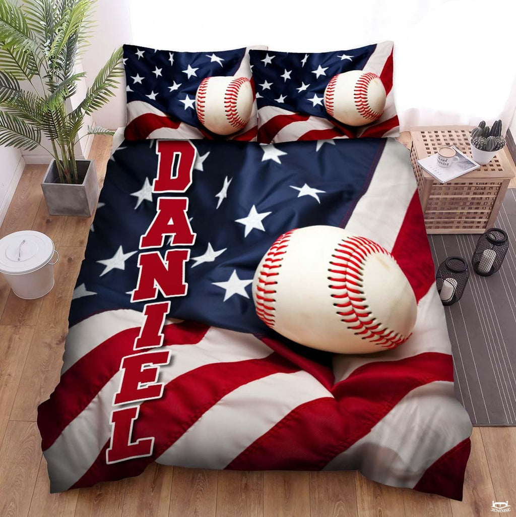 Personalized Baseball Bedding Full Size Flag Custom Name Duvet Cover Set Sport Decor Sports Comforter Bed Set (Baseball and Flag Series 1)