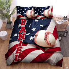 Personalized Baseball Bedding Full Size Flag Custom Name Duvet Cover Set Sport Decor Sports Comforter Bed Set (Baseball and Flag Series 1)