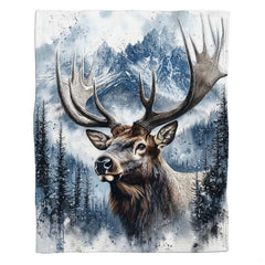 Majestic bull elk with large antlers in snowy pine forest featured on a winter wildlife Bedding Set.