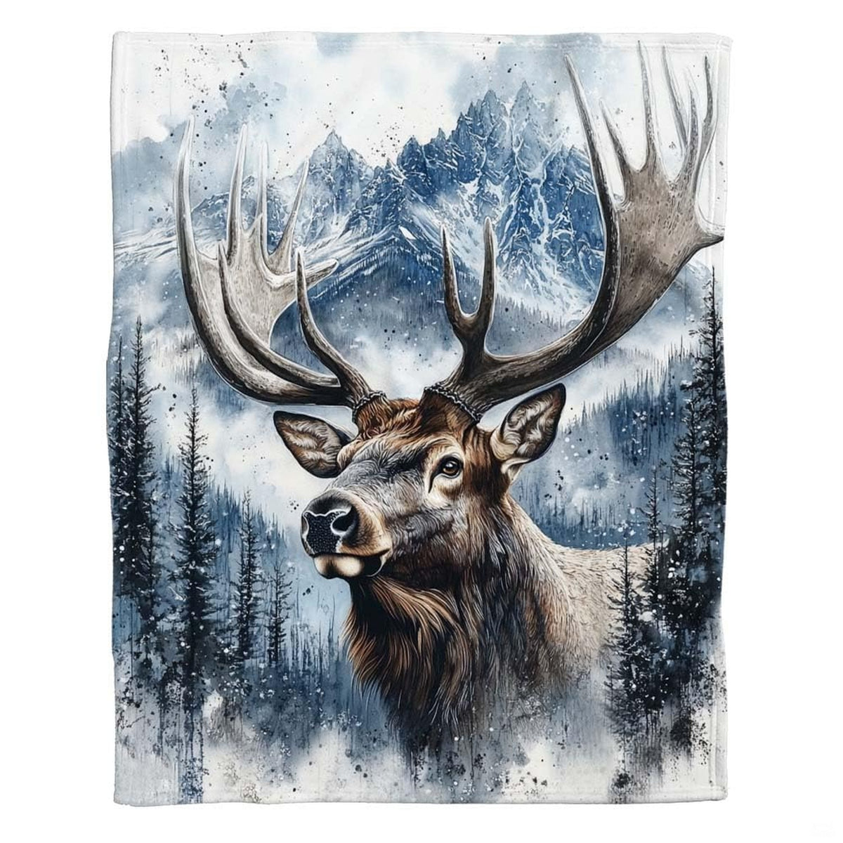 Majestic bull elk with large antlers in snowy pine forest featured on a winter wildlife Bedding Set.