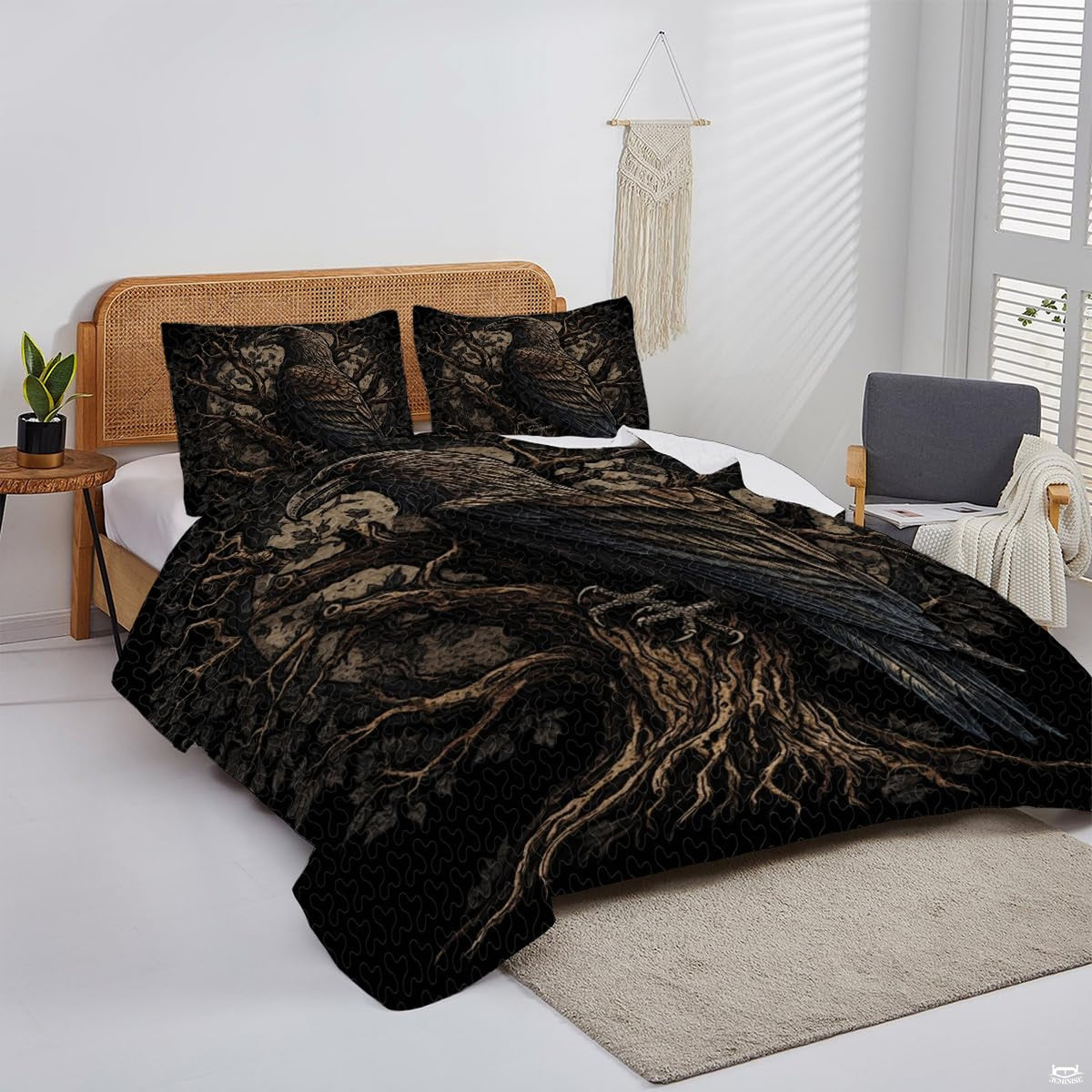 Overhead perspective of Tree of Life bedding arranged neatly across a mattress with rustic room decor