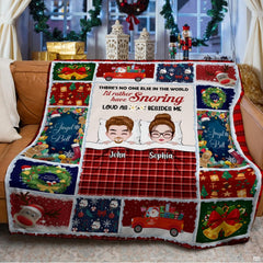 Christmas holiday couple throw blanket view 3 highlighting cartoon couple, holiday patches, and red plaid accents
