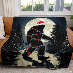 Bigfoot in a Santa hat wrapped in colorful Christmas lights under a full moon, view 5.