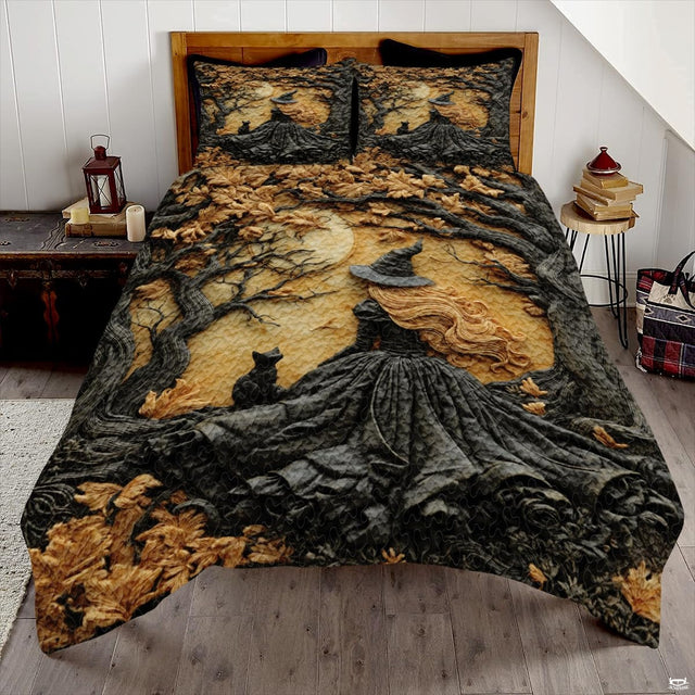 Witch and black cat bedding displayed in a bright bedroom