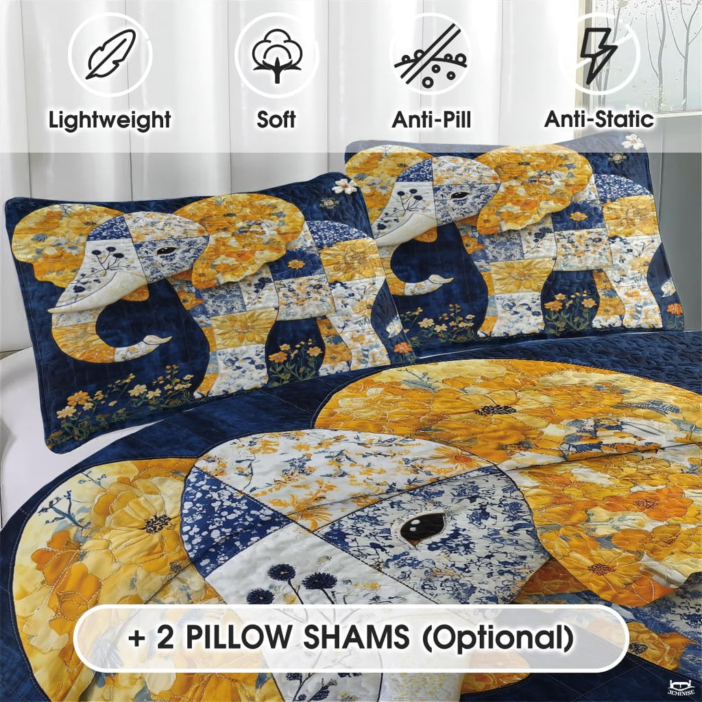 Elephant Quilt Set, Animal Patchwork Printed Quilt Bedset, Patchwork Style Quilts Twin Full Queen Size Elephant Pattern Blanket Bedspread, Elephants Bed Set Bedding Gift