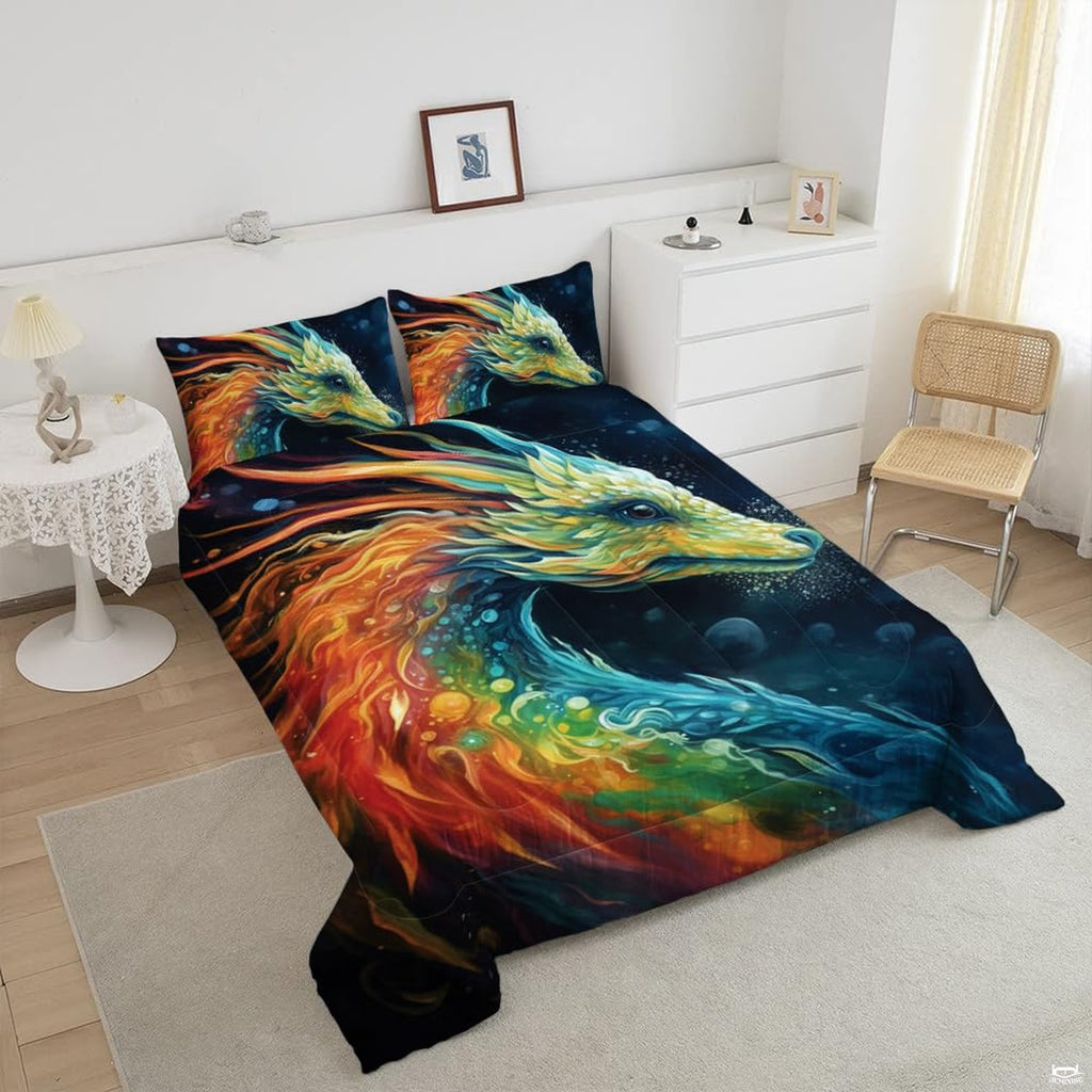 Top angle perspective of teal dragon fantasy bedding showing vivid cyan scales, golden accents, and stardust graphics.