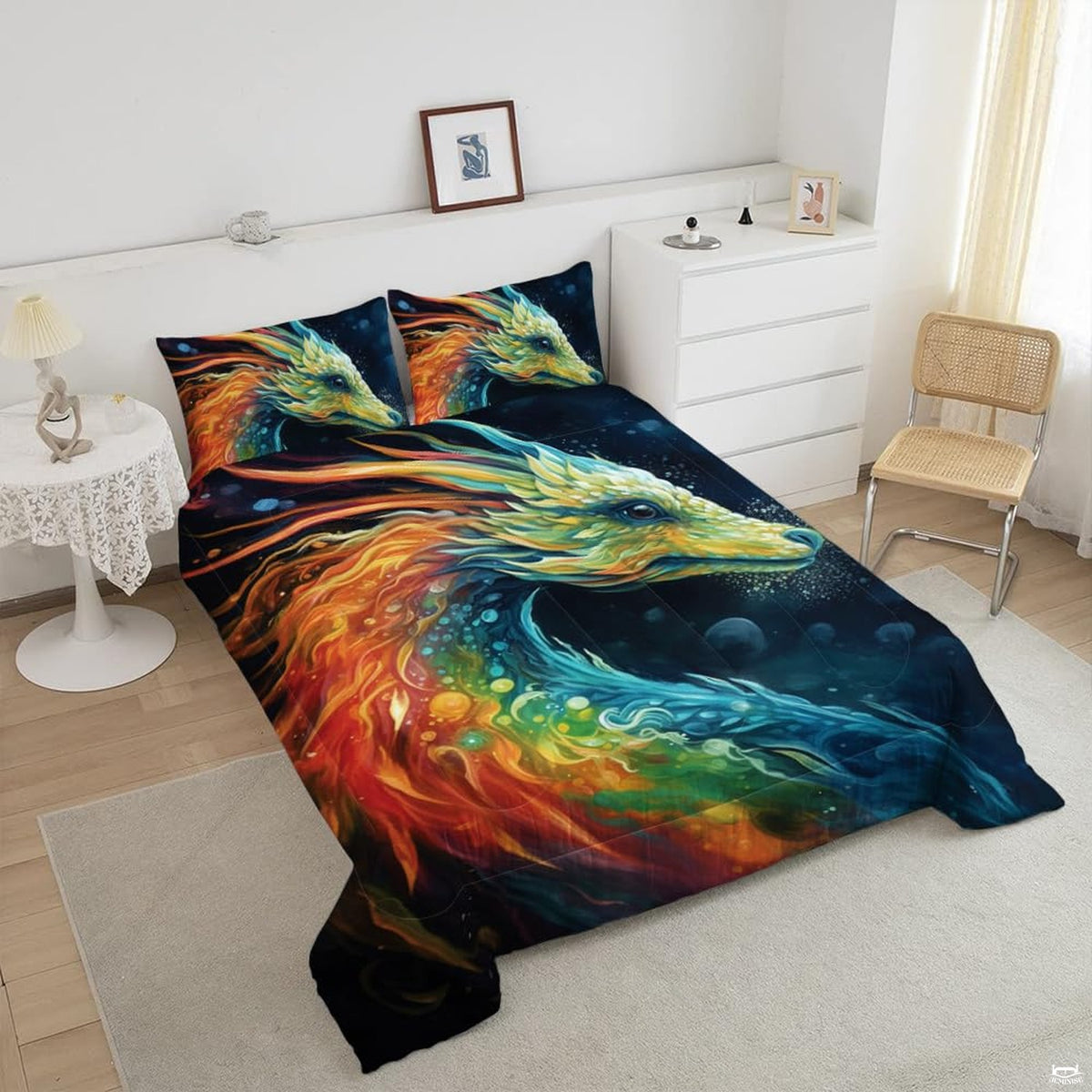 Top angle perspective of teal dragon fantasy bedding showing vivid cyan scales, golden accents, and stardust graphics.