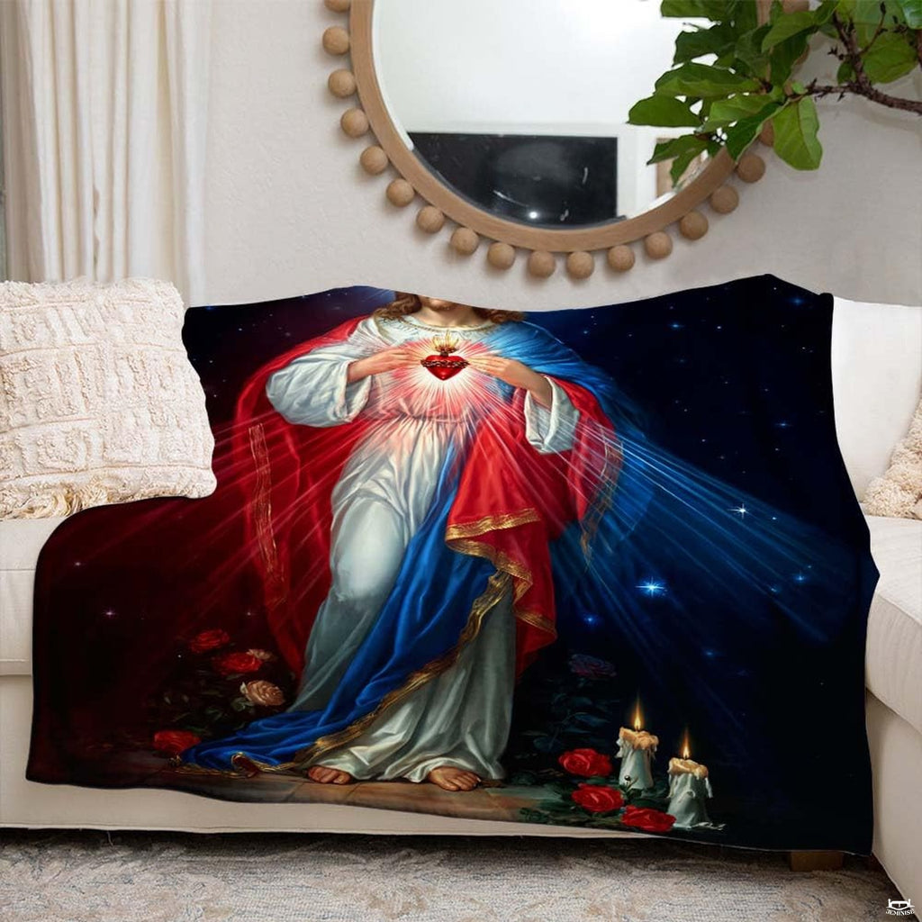 Angled view displaying devotional robes, celestial stars, and radiant rays in deep navy bedroom setting.
